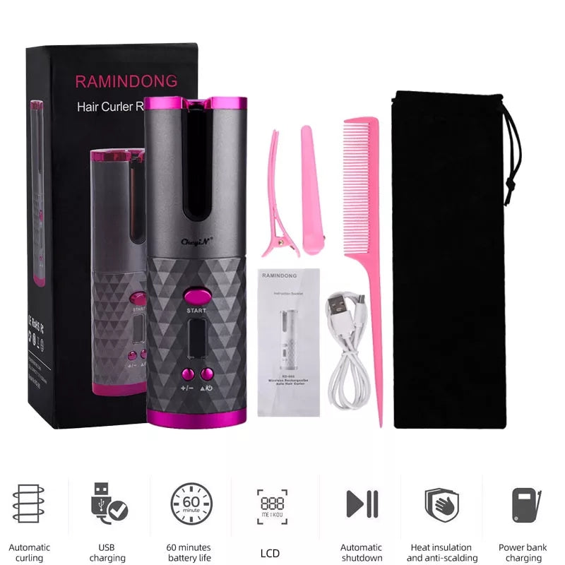 USB Rechargeable Auto Ceramic  hair Curling Iron and rotater