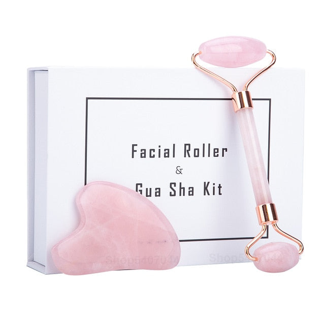 Boxed Quartz Jade Roller Massager Pink For Face Body Anti-aging Natural Stone Guasha Scraper Set Beauty Facial Lifting Tool